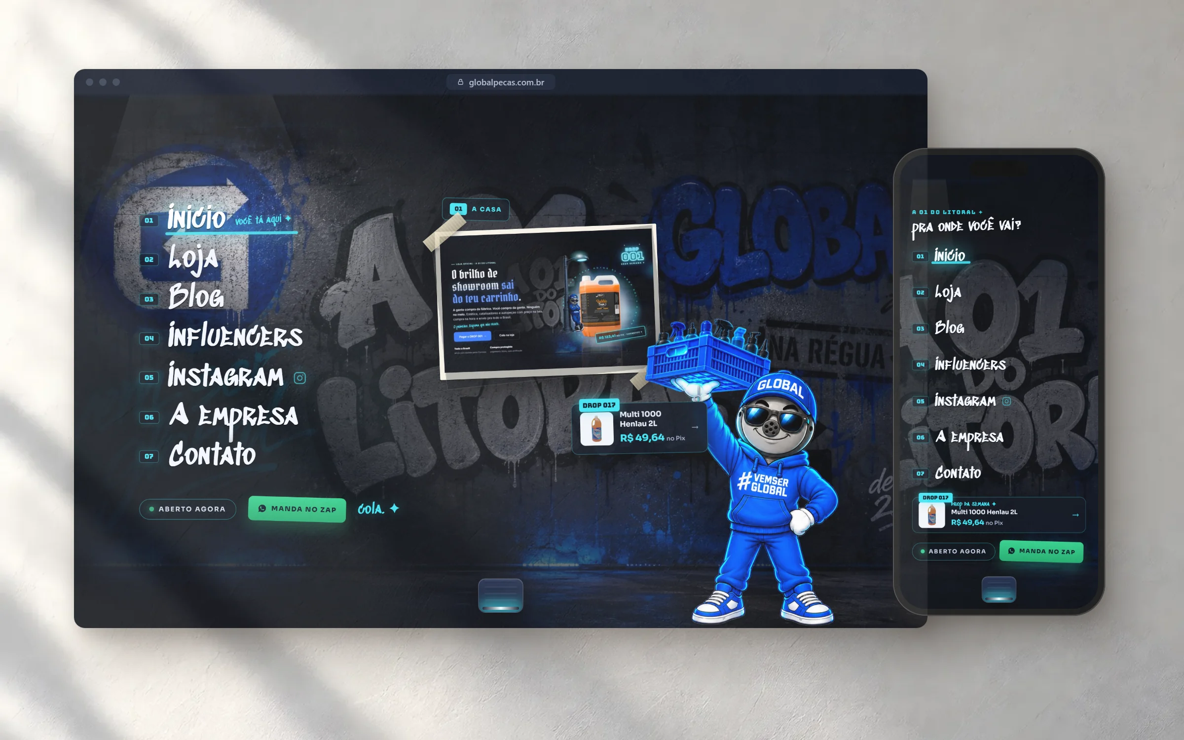 O site da Global, feito pela Sator, no computador e no celular: a home com o menu em letra de pichação e o mascote no muro azul