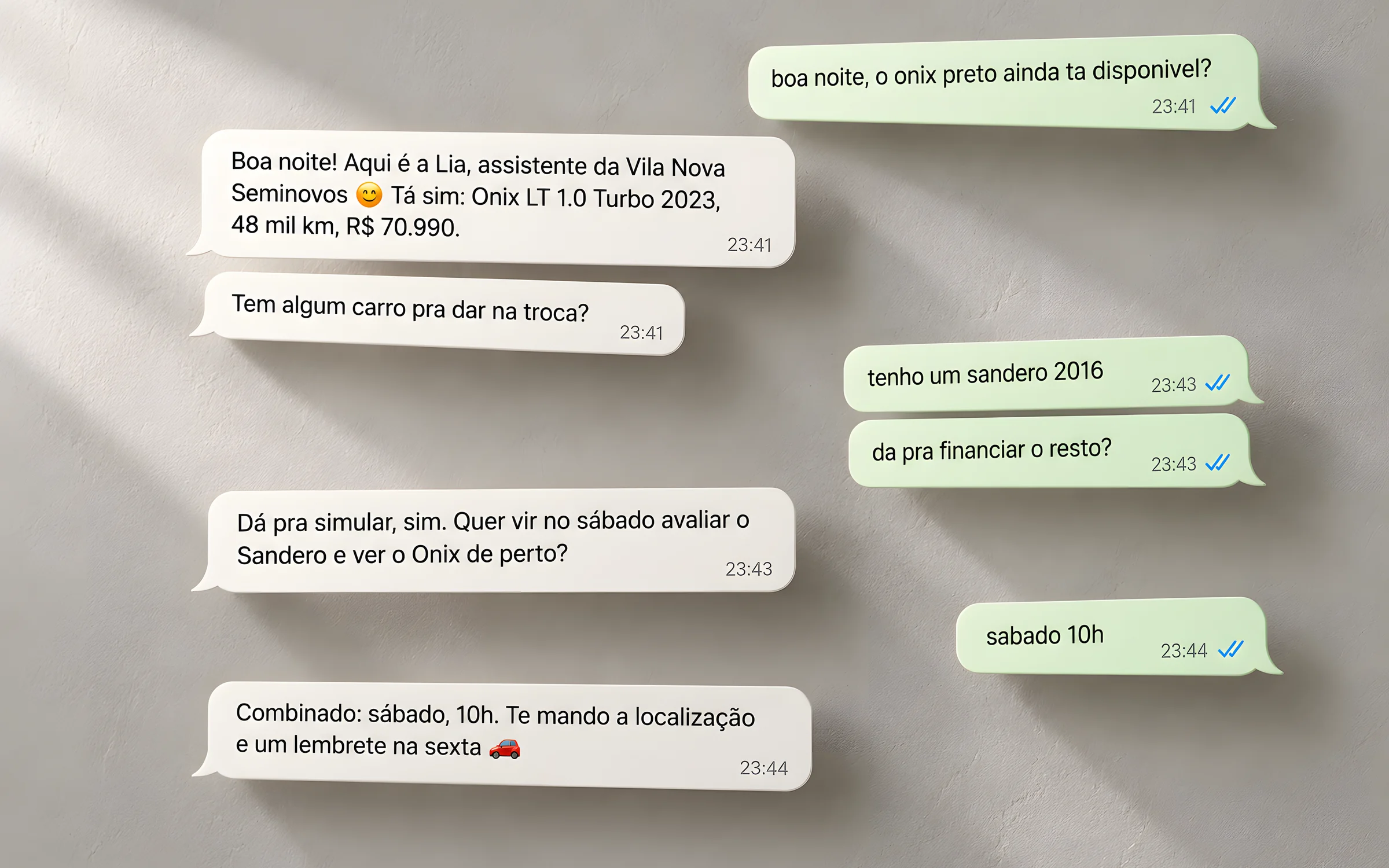 Rotas by Sator: a assistente da loja responde no WhatsApp às 23h41, conta do carro e marca a visita de sábado